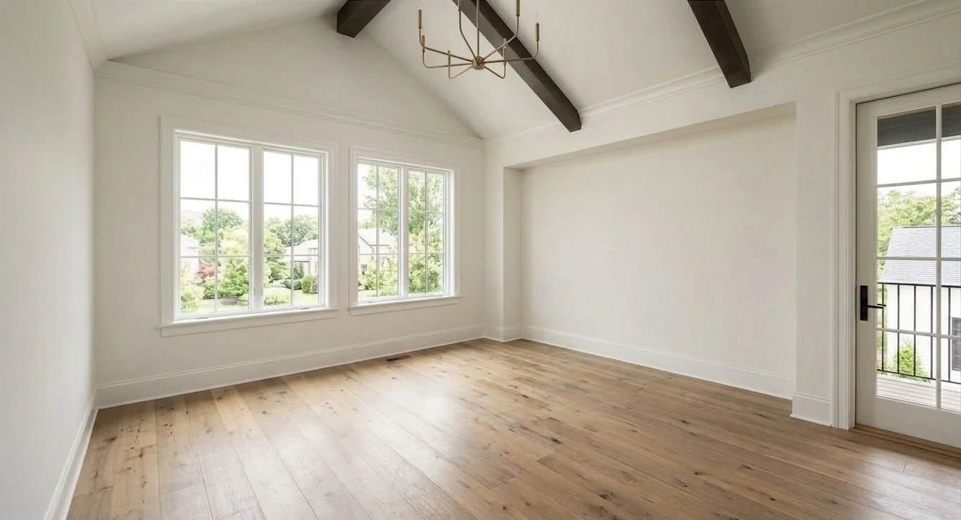 The same sunlit room with wood beams and bare floors before virtual staging