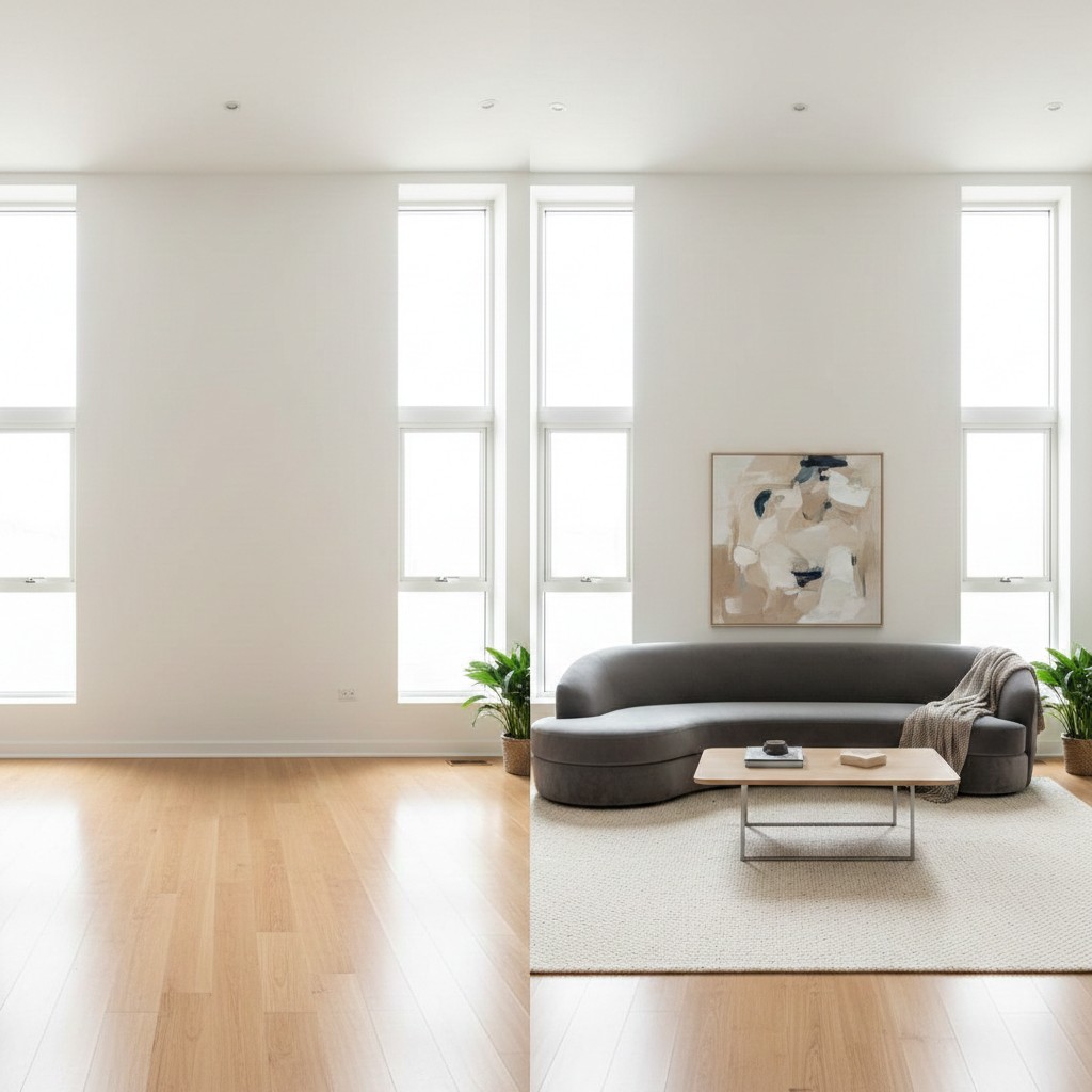 Different staging vibes - dark modern vs light coastal bedroom